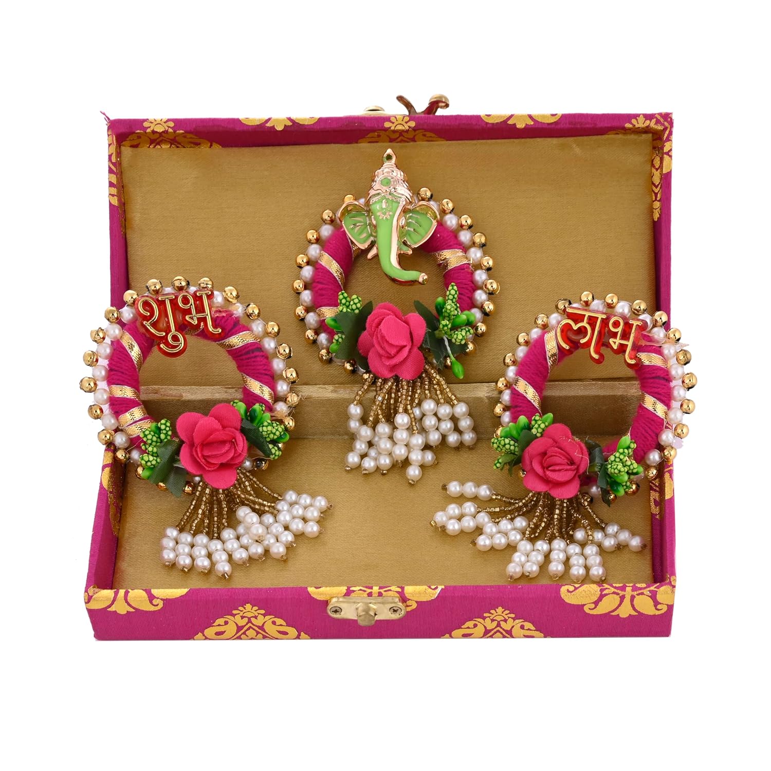 Traditional Cash Box Set With Subh Labh Door Hanging - Handcrafted Diwali Home Decor, Colour - Pink, Style - Traditional