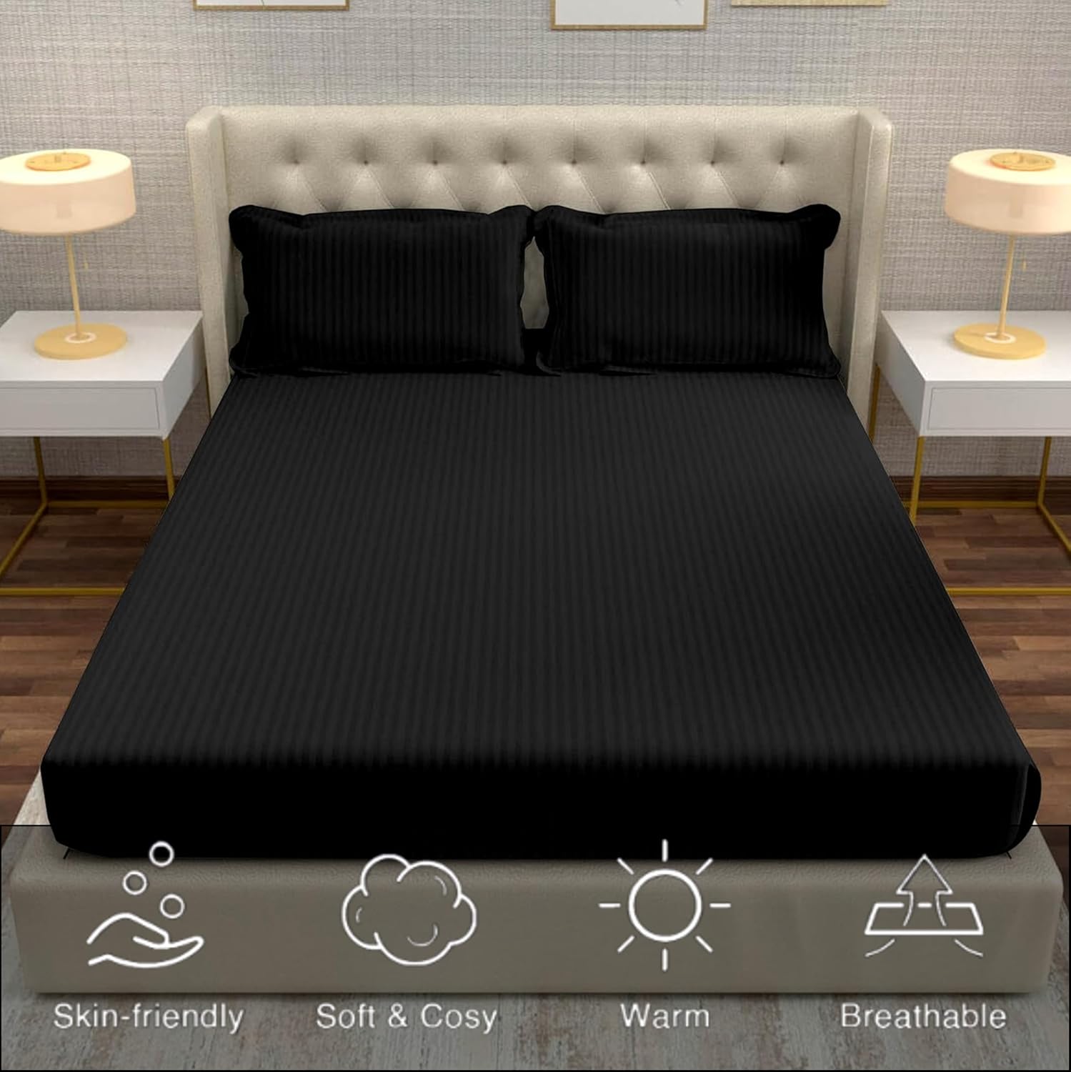 Striped Black Bedsheet For King Size With 2 Pillow Cover (90 X 95 Inches) | Softer & Durable For All Season | Ideal For Daily Use Home Bedsheet
