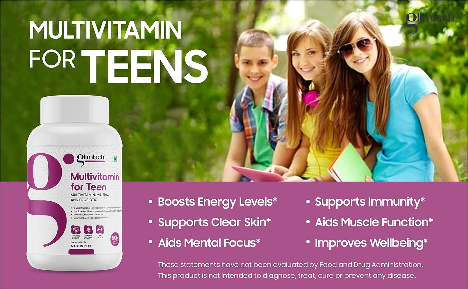 Glimlach Multivitamins For Teenagers, With Zinc, Vitamin C, D3, Multiminerals & Ginseng Extract, Enhances Energy, Stamina & Immunity | 50 Veg Tablets , 100gm 0.2lbs