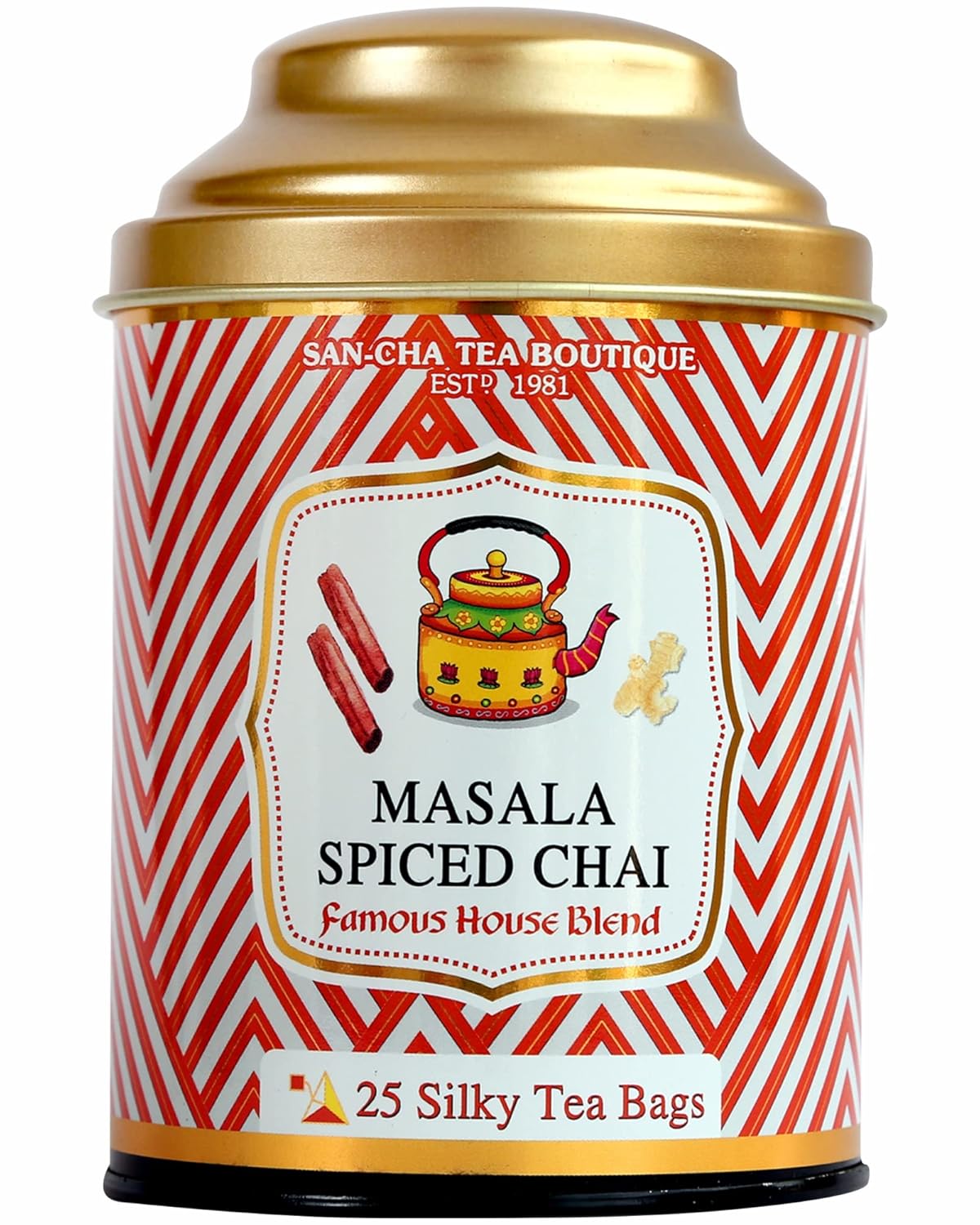 San-Cha Tea Boutique Masala Spiced Chai - 100gm, 3.5 Ounce, 25 Silky Pyramid Tea Bags | Original Masala Blend With Ginger, Cardamom & Cinnamon - Premium Assam Tea Blend | Medium Caffeine Loose Leaves