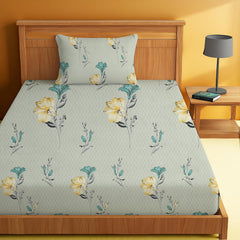 Printed Bedsheet For Single Bed With 1 Pillow Cover - 60 X 90 Inches, Yellow & Green | Super Soft - Glace Cotton Breathable & Wrinkle Free - 2 Pcs Set