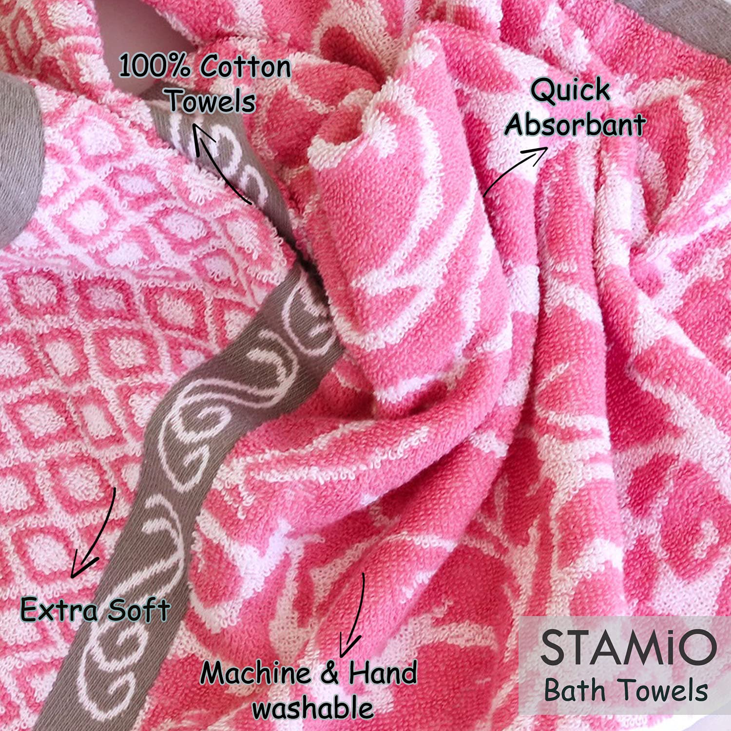 Stamio Cotton Bath Towel 550 Gsm | Extra Soft & Absorbent Large Full Size Towels For Bathing, Home, Sports, Salon, Hotel Use | Jacquard Border (Pink)