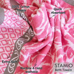 Stamio Cotton Bath Towel 550 Gsm | Extra Soft & Absorbent Large Full Size Towels For Bathing, Home, Sports, Salon, Hotel Use | Jacquard Border (Pink)