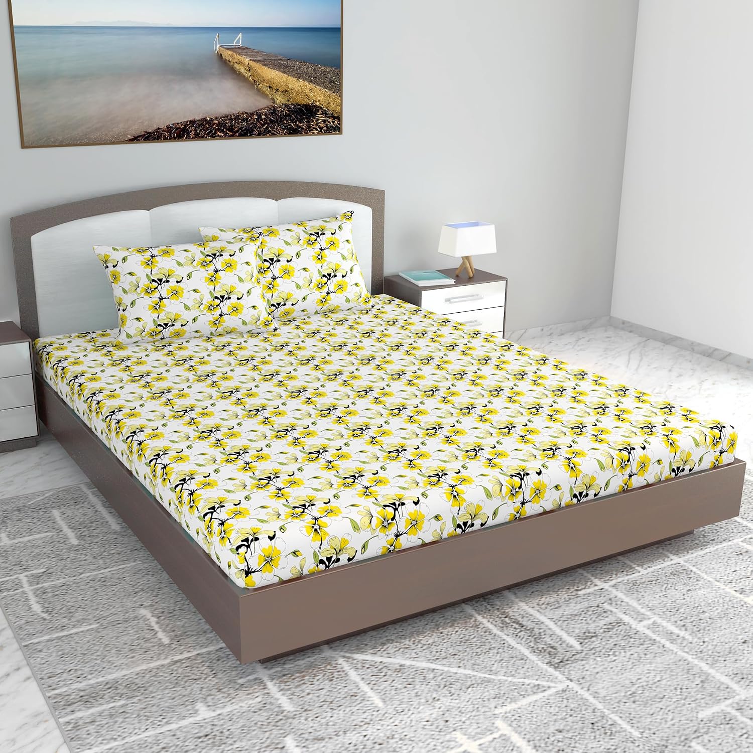 Cotton Extra Double Bedsheet For King Size With 2 Pillow Covers | 108 X 108 Inches, Yellow & White - Ideal For Home, Guest House, Hotel | Soft & Breathable Fabric
