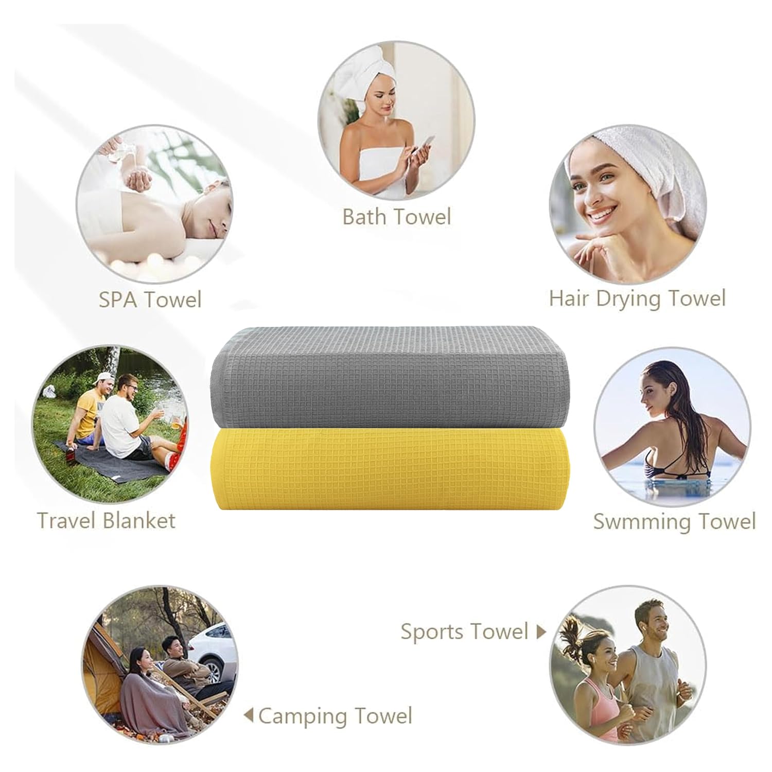 Casa Copenhagen Designed In Denmark Waffle Super Soft 2 Pieces 100% Cotton Large Bath Towel 525 Gsm - Buttercup Yellow & Grey Violet