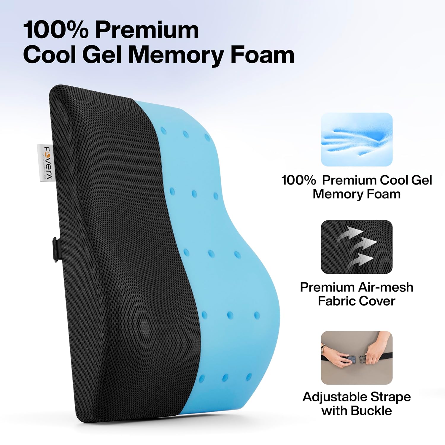 Gel Memory Foam Pillow, For Car Seat Back Support, Pain Relief, Mesh Black, Large Size | Orthopedic Lumbar Back Rest Pillow For Sitting | Lightweight, Adjustable, Removable Cover