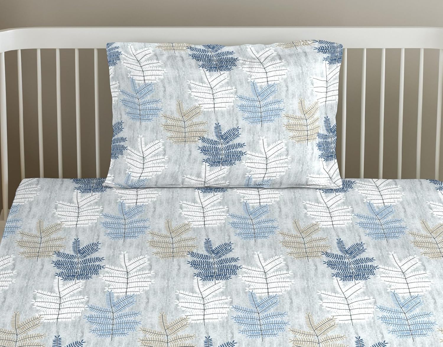 Printed Single Size Bedsheet Elasticated Fitted With 1 Pillow Cover - 36 X 72 Inch, Ferns Blue | 180 Thread Count - Lightweight & Breathable Bedsheet