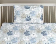 Printed Single Size Bedsheet Elasticated Fitted With 1 Pillow Cover - 36 X 72 Inch, Ferns Blue | 180 Thread Count - Lightweight & Breathable Bedsheet