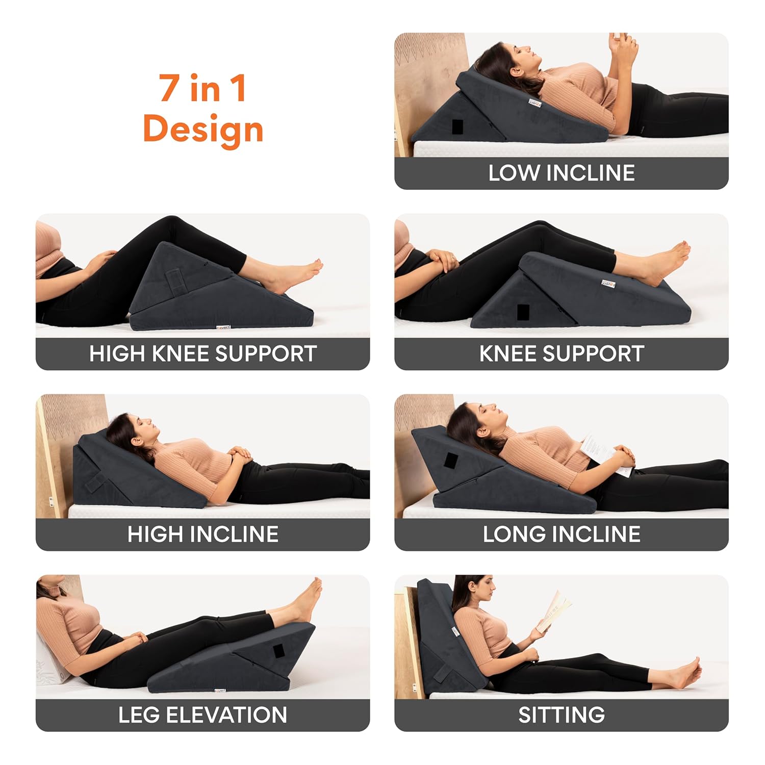 Wedge Pillow For Back Support, Velvet Dark Grey, Xl Size - 24 X 24 X 12 Inch | Adjustable Memory Foam Bed Wedge Pillow For Sleeping | Acid Reflux, Snoring, Pregnancy, Breathable