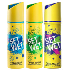 Set Wet Combo Of 3 Deodorant Spray Perfume Cool + Charm + Chill Avatar 150ml Each 5 Fl.oz. | For Men