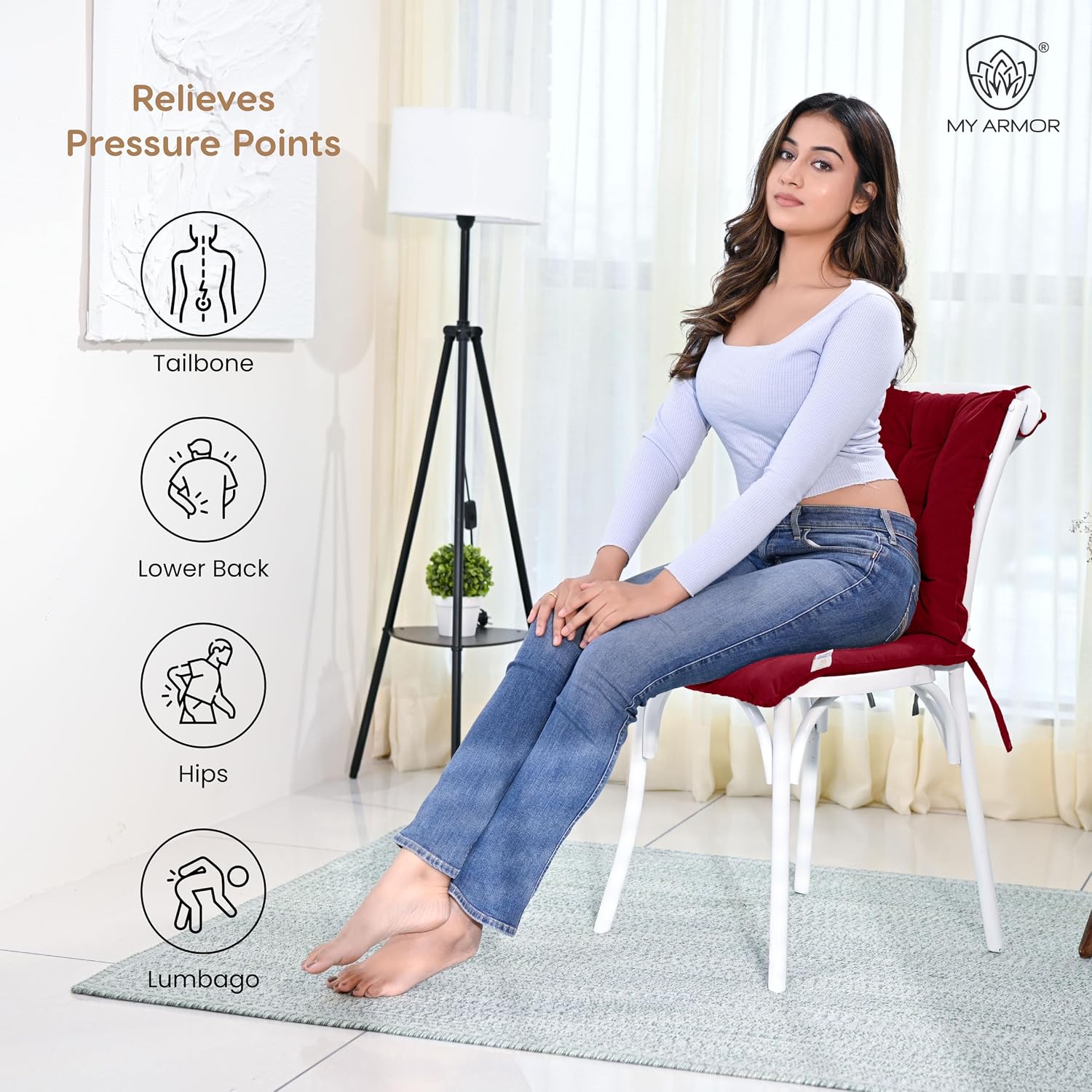 Square Chair Pads Cushion, For Comfortable Sitting, Maroon Color - 40 X 40 Cm | Seat Cushions With Ties For Sitting, Pooja, Dining & Office Table | Furniture Cushion, Washable - Pack Of 4