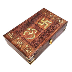 Wooden Om Box For Good Luck Jewellery Box, Decorative Case, Kit, Vanity Organiser For Women, Necklaces, Cash, Gold, Tomb 10 X 6, Colour - Brown, Material - Rosewood