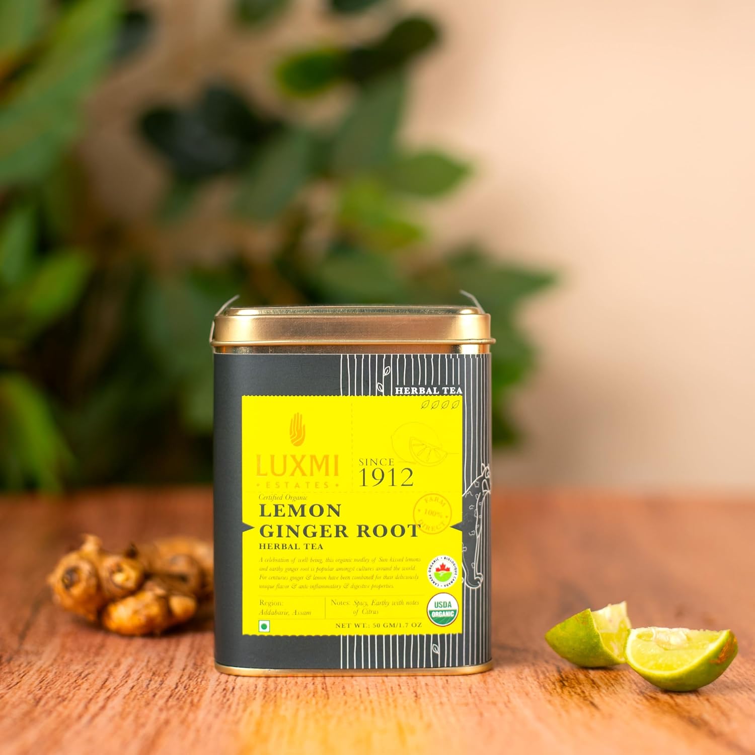 Luxmi Estates Lemon Ginger Herbal Tea - 50gm Tin, 1.7 Ounce | USDA Organic Certified Herbal Tea - Made With Lemon Peel, Ginger, Lemongrass, Licorice | Caffeine Free Herbal Tea