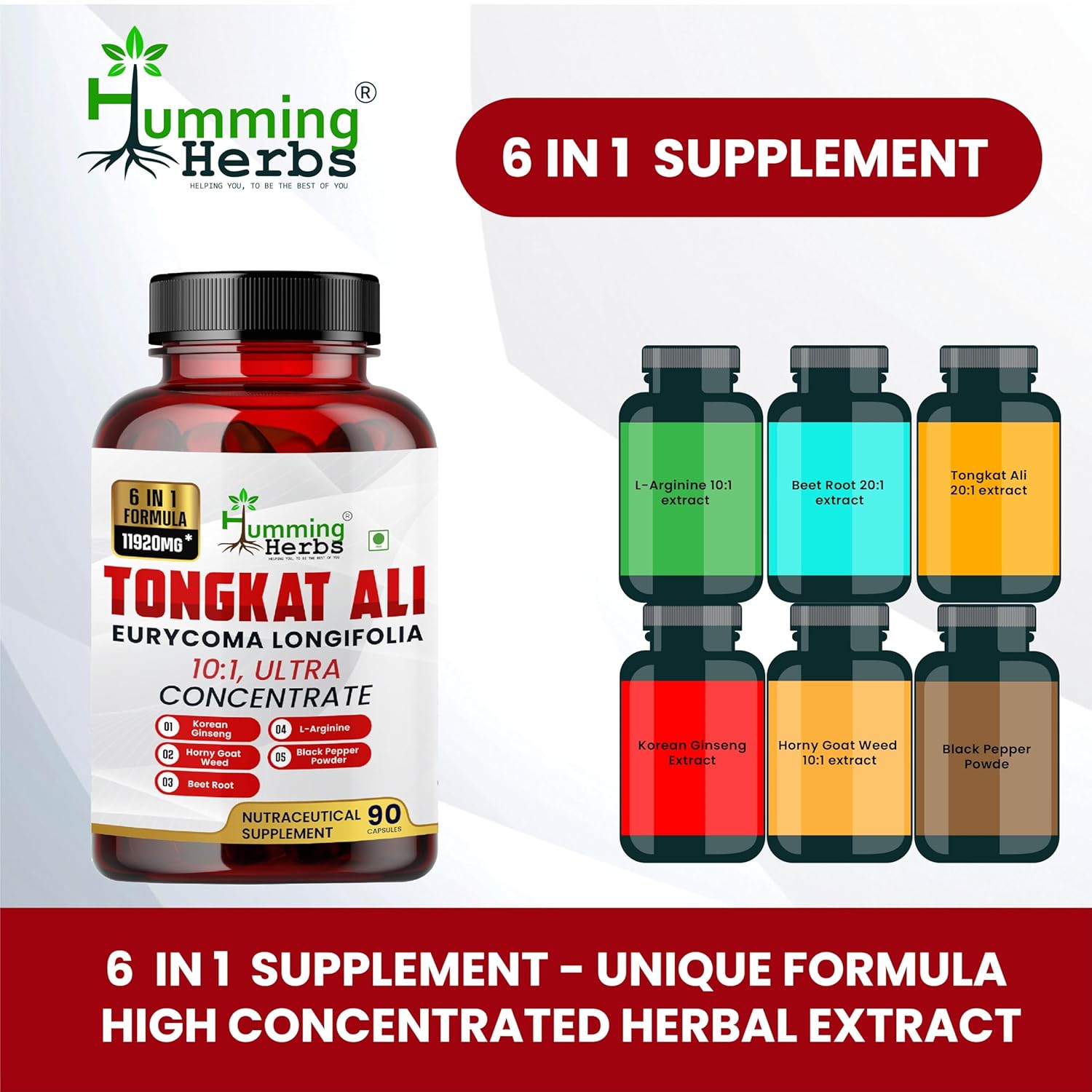 Humming Herbs Tongkat Ali Eurycoma Longifolia 6 In 1 Blend With Korean Ginseng, Horny Goat Weed, L- Arginine, Black Pepper Powder & Beet Root For Men's Health | 90 Capsules 150gm 0.3lbs