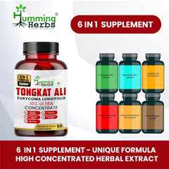 Humming Herbs Tongkat Ali Eurycoma Longifolia 6 In 1 Blend With Korean Ginseng, Horny Goat Weed, L- Arginine, Black Pepper Powder & Beet Root For Men's Health | 90 Capsules 150gm 0.3lbs