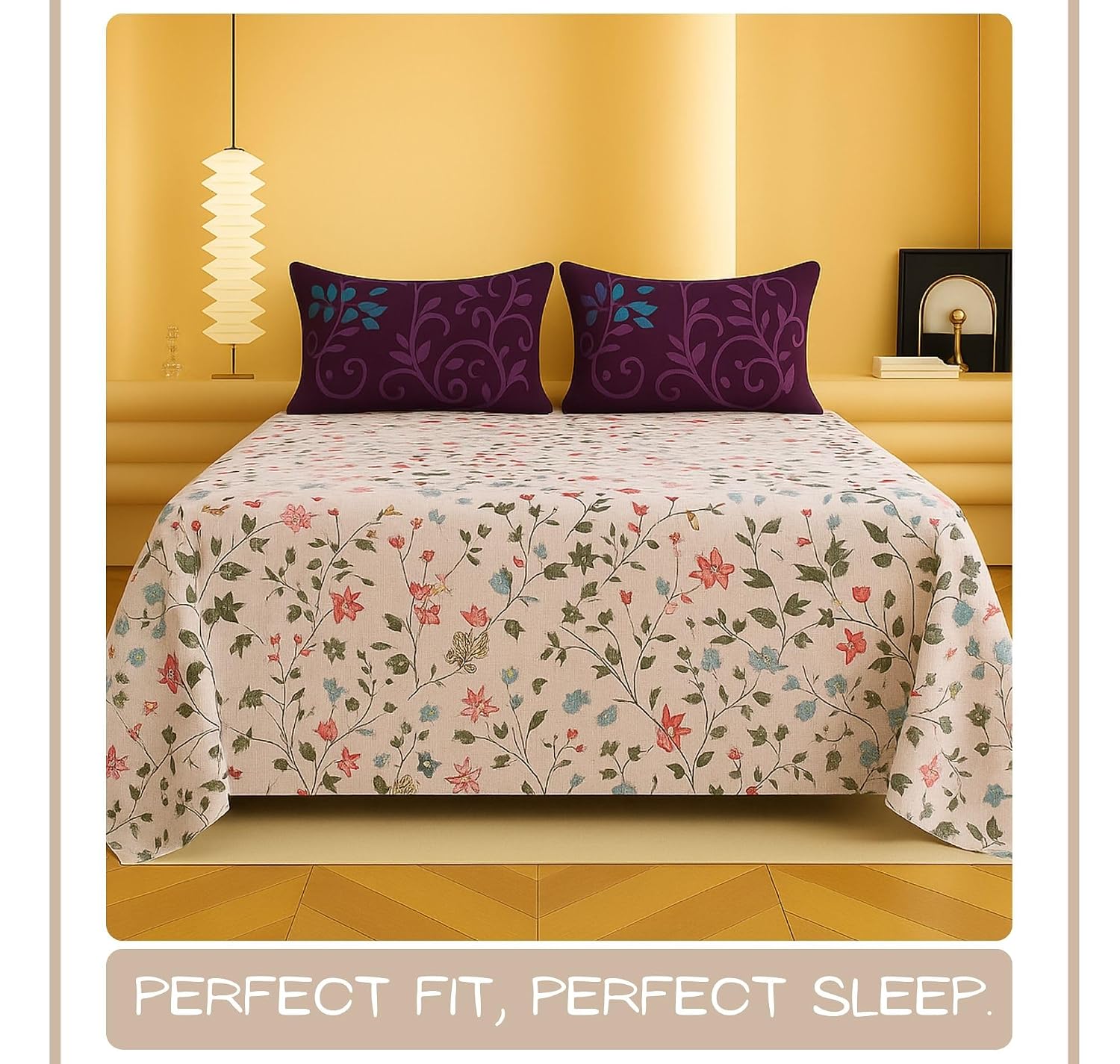 1 Double Bedsheet With Two Pillow Covers - 90 X 94 Inches, Beige | 300 Thread Count Super Soft Bed Sheet For King Size Bed Floral Design - Perfect Gift For Wedding, Anniversary
