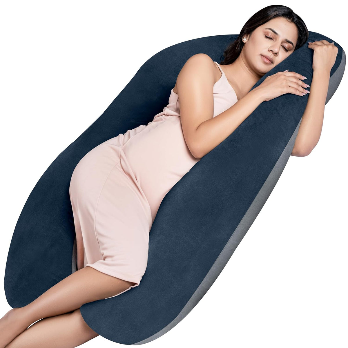 Full Body U Shape Pregnancy Pillow For Women, Maternity Pillow, Grey & Navy Blue | Pillow Gift For Pregnancy Sleeping, Premium Velvet Cover With Zip | Adjustable & Washable, Relieves Pain