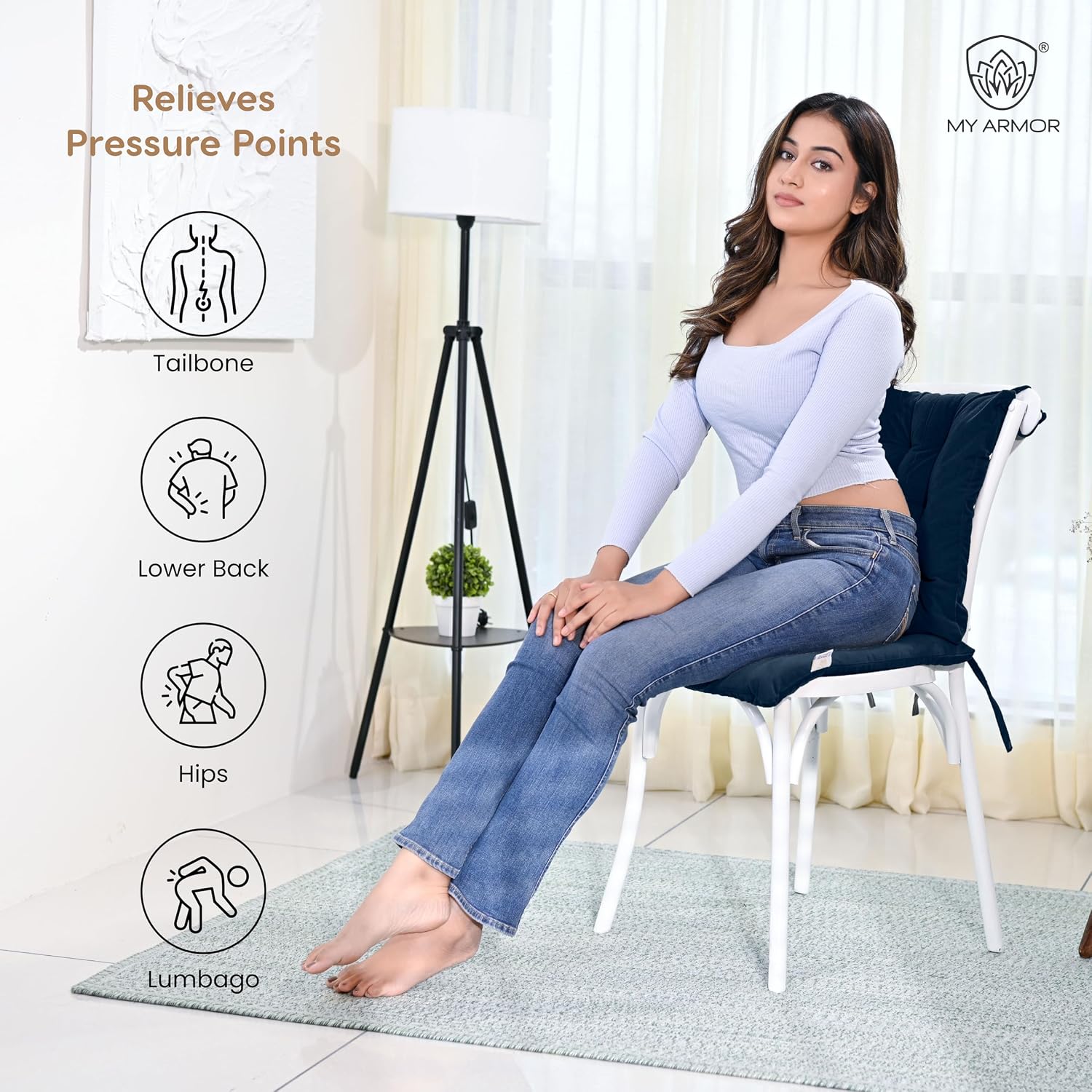 Square Chair Pads Cushion, For Comfortable Sitting, Navy Blue - 40 X 40 Cm | Seat Cushions With Ties For Sitting, Pooja, Dining & Office Table | Furniture Cushion, Washable - Pack Of 1