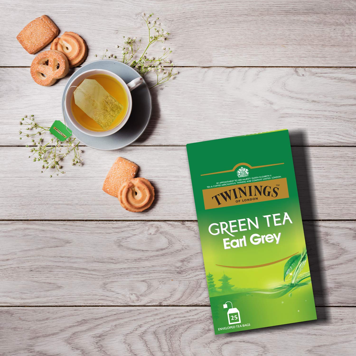 Twinings Earl Grey Green Tea - 50gm, 1.7 Ounce, 25 Enveloped Tea Bags | Bright & Perky Delicate Citrus Flavor - Low Caffeine Green Tea