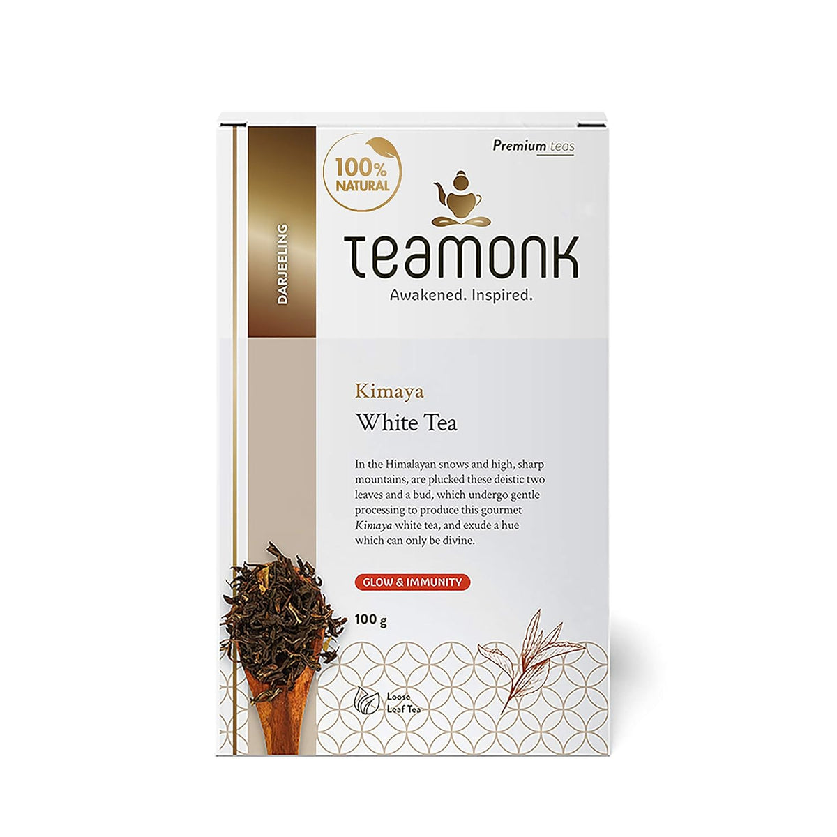 Teamonk Kimaya Darjeeling White Tea - 100gm, 3.5 Ounce, 50 Cups | USDA Certified Organic Darjeeling Herbal Tea - Supports Detoxification, Boosts Immunity & Skin Health - Caffeine Free