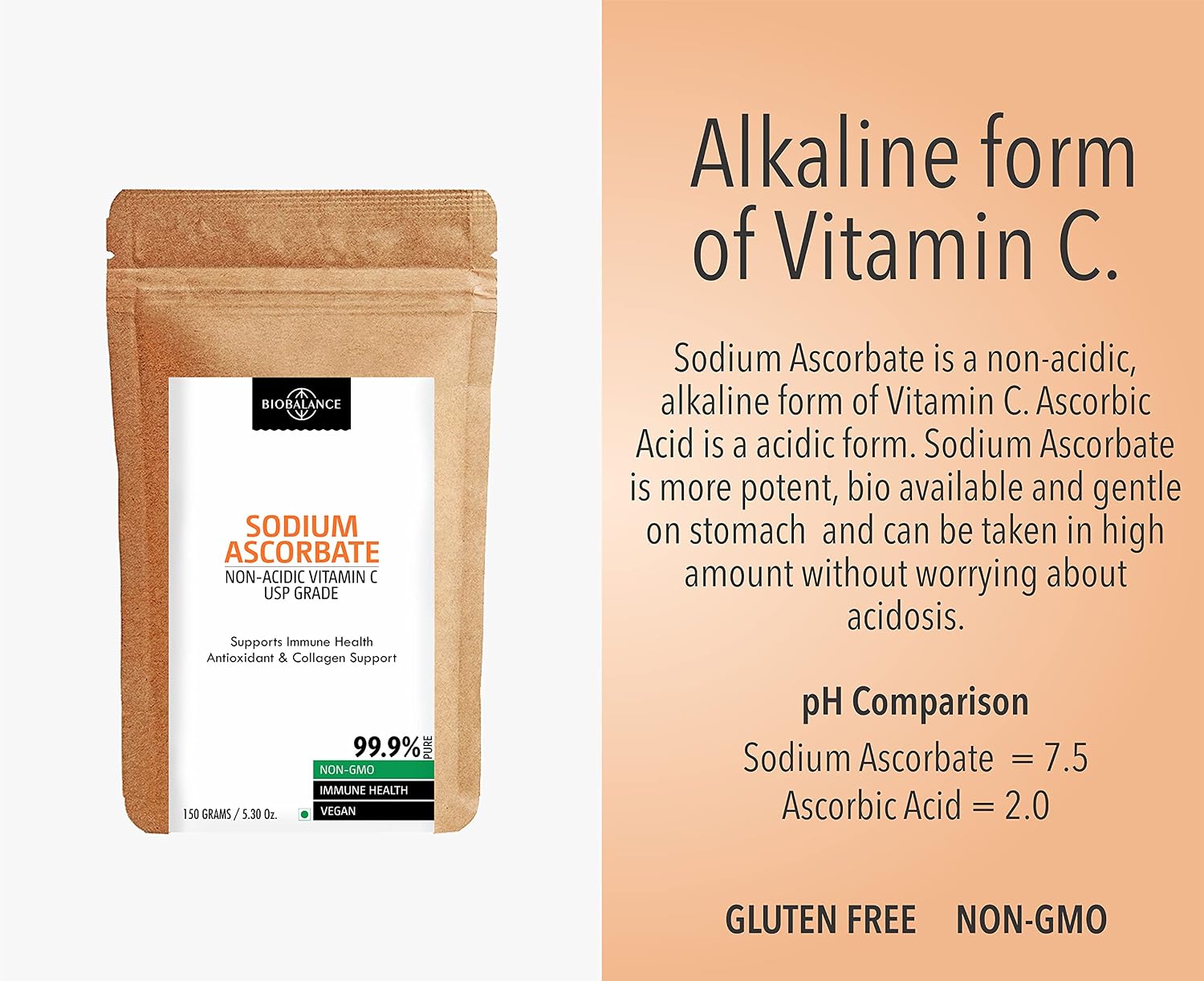 Bio Balance - Sodium Ascorbate Vitamin C Powder 150g Usp Grade | Alkaline, Non Acidic & Easier To Digest Than Ascorbic Acid , Antioxidant & Immune Support | 150gm 0.3lbs