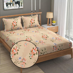 1 Elastic Fitted Bedsheet For King Size & 2 Pillow Covers - 78 X 72 Inches, Beige | Elegant Floral Print Design & Skin-Friendly