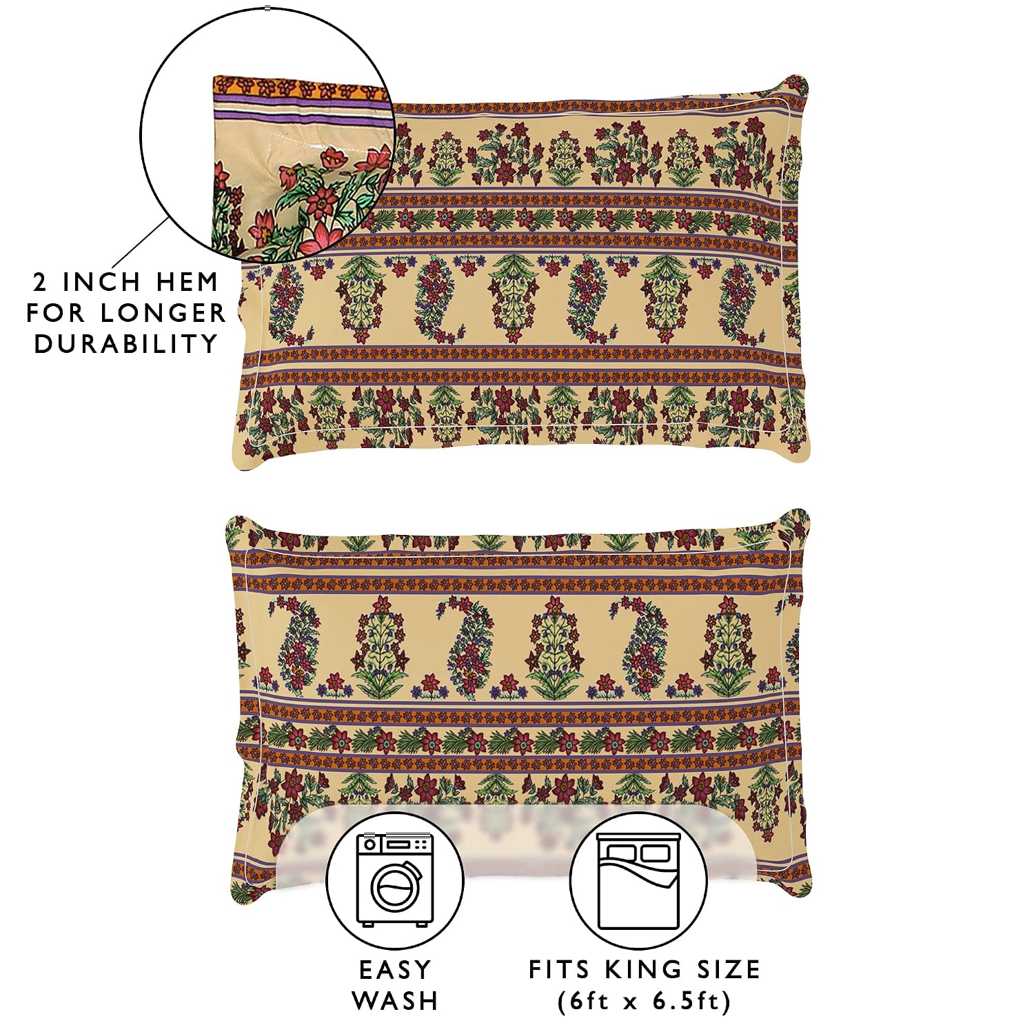 Elastic Fitted Queen Size Bedsheet With 2 King Size Pillow Covers - 71 X 77 Inches, Beige & Green | Ideal For House, Hotel, Guest Room