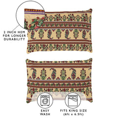 Elastic Fitted Queen Size Bedsheet With 2 King Size Pillow Covers - 71 X 77 Inches, Beige & Green | Ideal For House, Hotel, Guest Room
