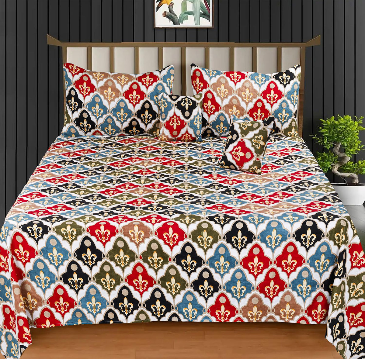 Bedding Set With 1 Pc Bedsheet, 2 Pc Cushion With Zip, 2 Pc Pillow Covers | 90 X 100 Inches, Multicolor | Traditional Jaipuri Prints - Soft, Breathable & Lightweight For All-Season Comfort