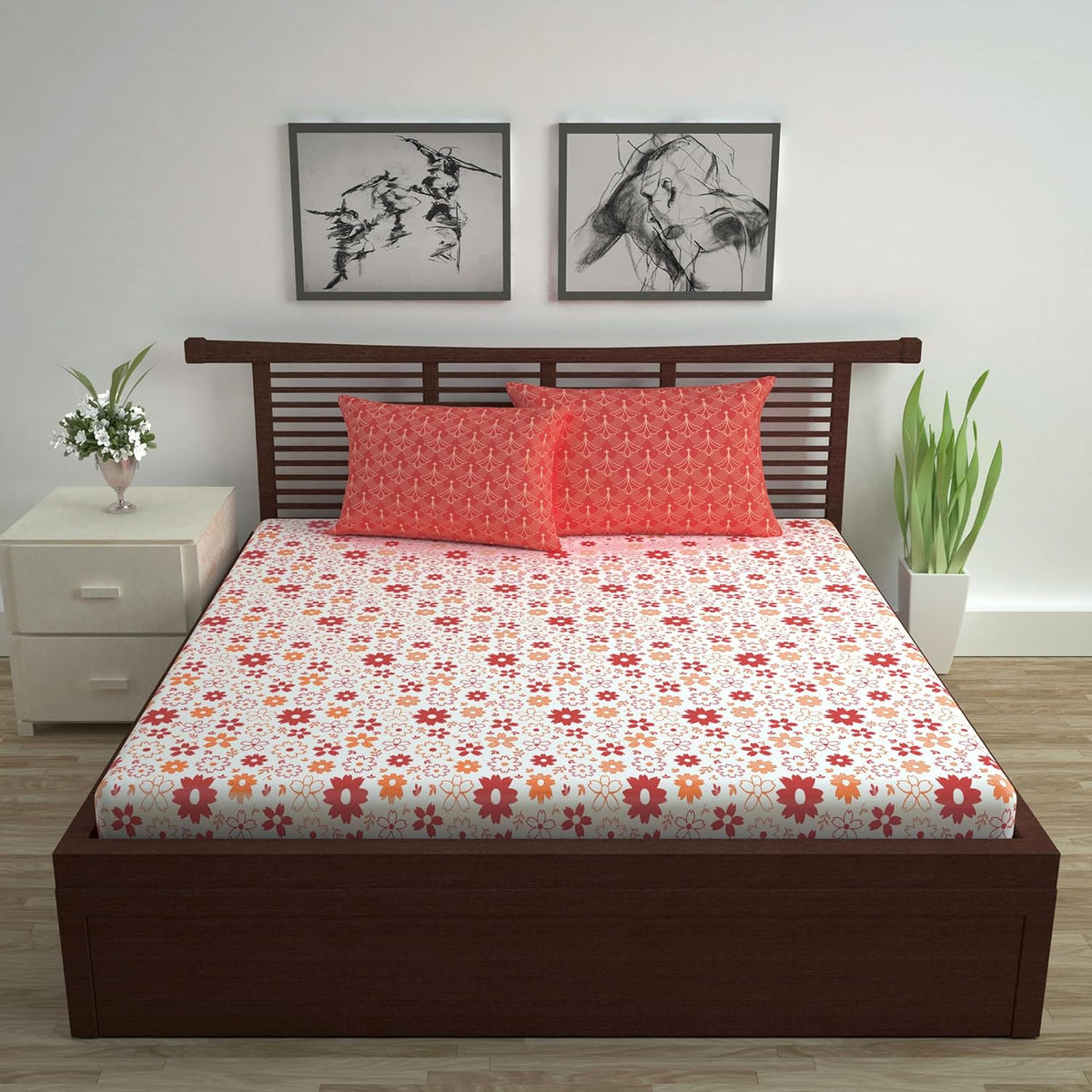 Soft Cotton Double Bedsheet With 2 Pillow Covers | 87 X 100 Inches, Rust & White - Soft & Breathable Fabric | Comfortable For Daily Use
