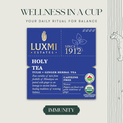 Luxmi Estates Holy Tea Powder - 50gm, 1.7 Ounce, 25 Tea Bags | USDA Certified Organic Tulsi + Ginger Herbal Tea - Caffeine Free Herbal Tea | Immune Support, Relief & Uplift Mood