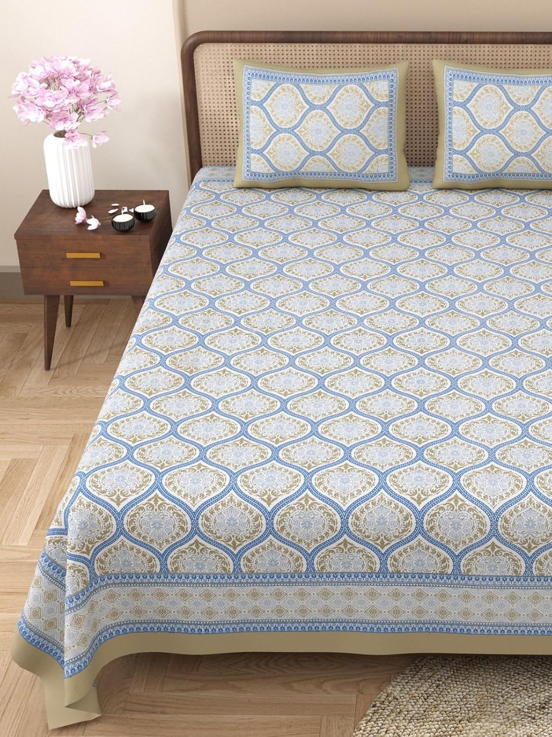 King Size Bedsheet With 2 Pillow Cover - 90 X 108 Inches, Brown & Blue | Light Weight & Easy To Wash At Home | Resistant For An All-Season Use