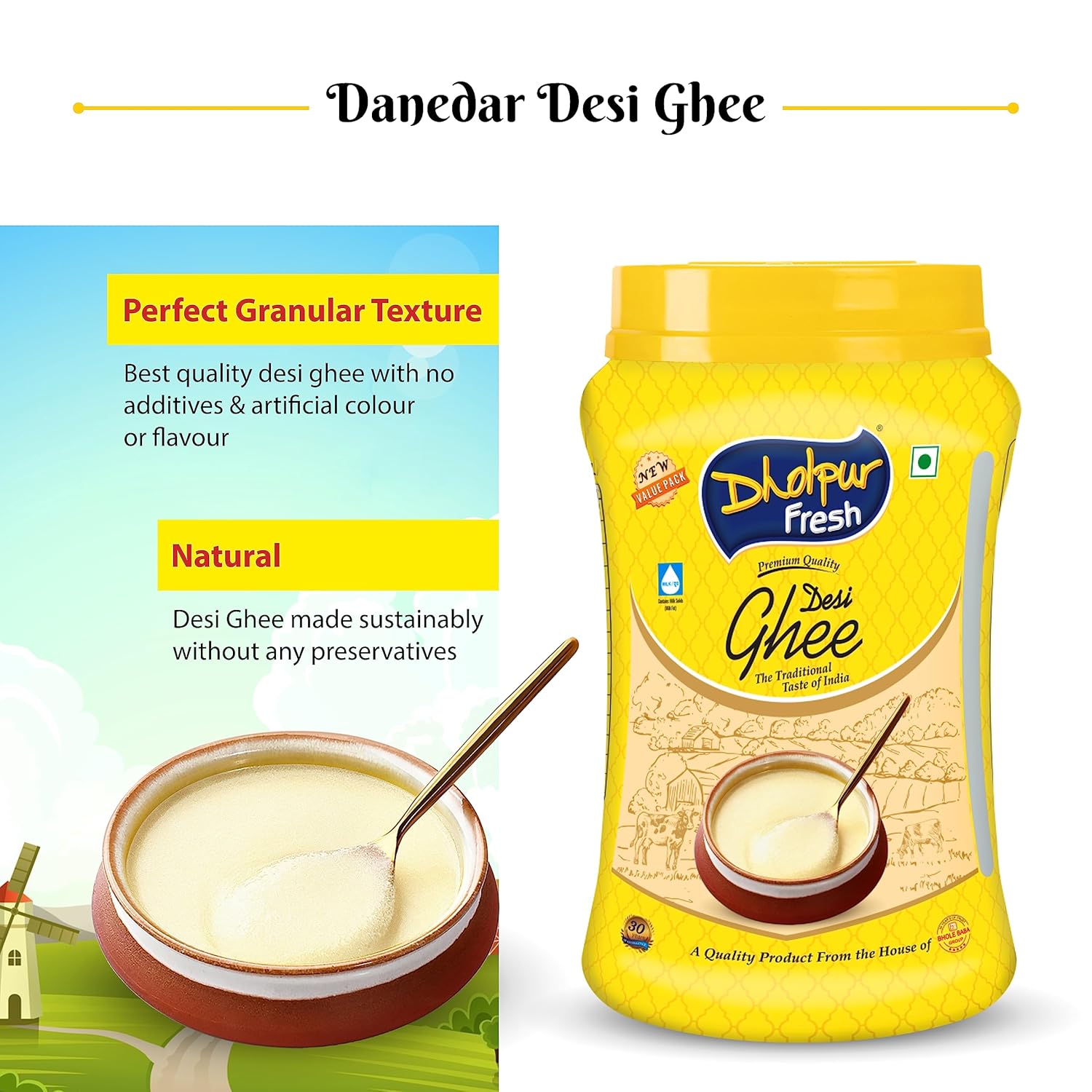 Pure Fresh Desi Ghee By Dholpur Fresh | Delicious & Nutritious Healthy Desi Cow Ghee For Relieves Constipation | (1 Litr) 33.8 Ounce | Jar Pack