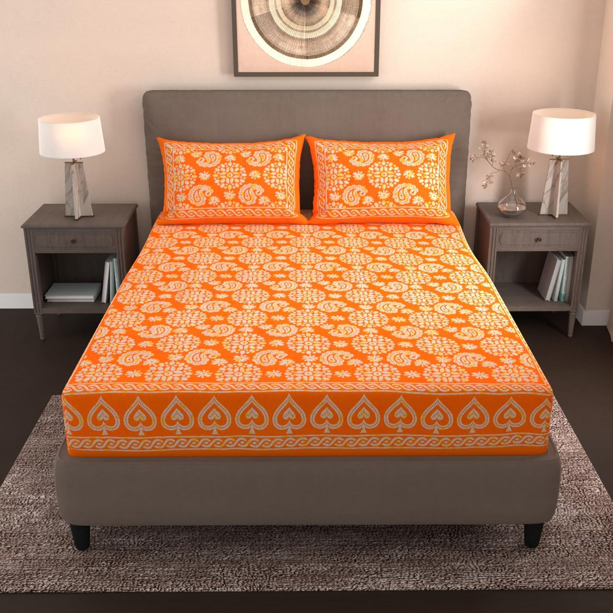 Handloom Printed Double Bedsheet For Queen Size With 2 Matching Pillow Cover | Size 90 X 100 Inches, Orange - Cotton Bedsheets For Double Bed | Soft & Smooth