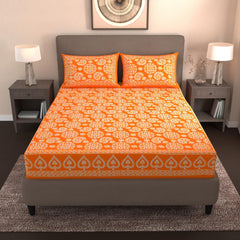 Handloom Printed Double Bedsheet For Queen Size With 2 Matching Pillow Cover | Size 90 X 100 Inches, Orange - Cotton Bedsheets For Double Bed | Soft & Smooth