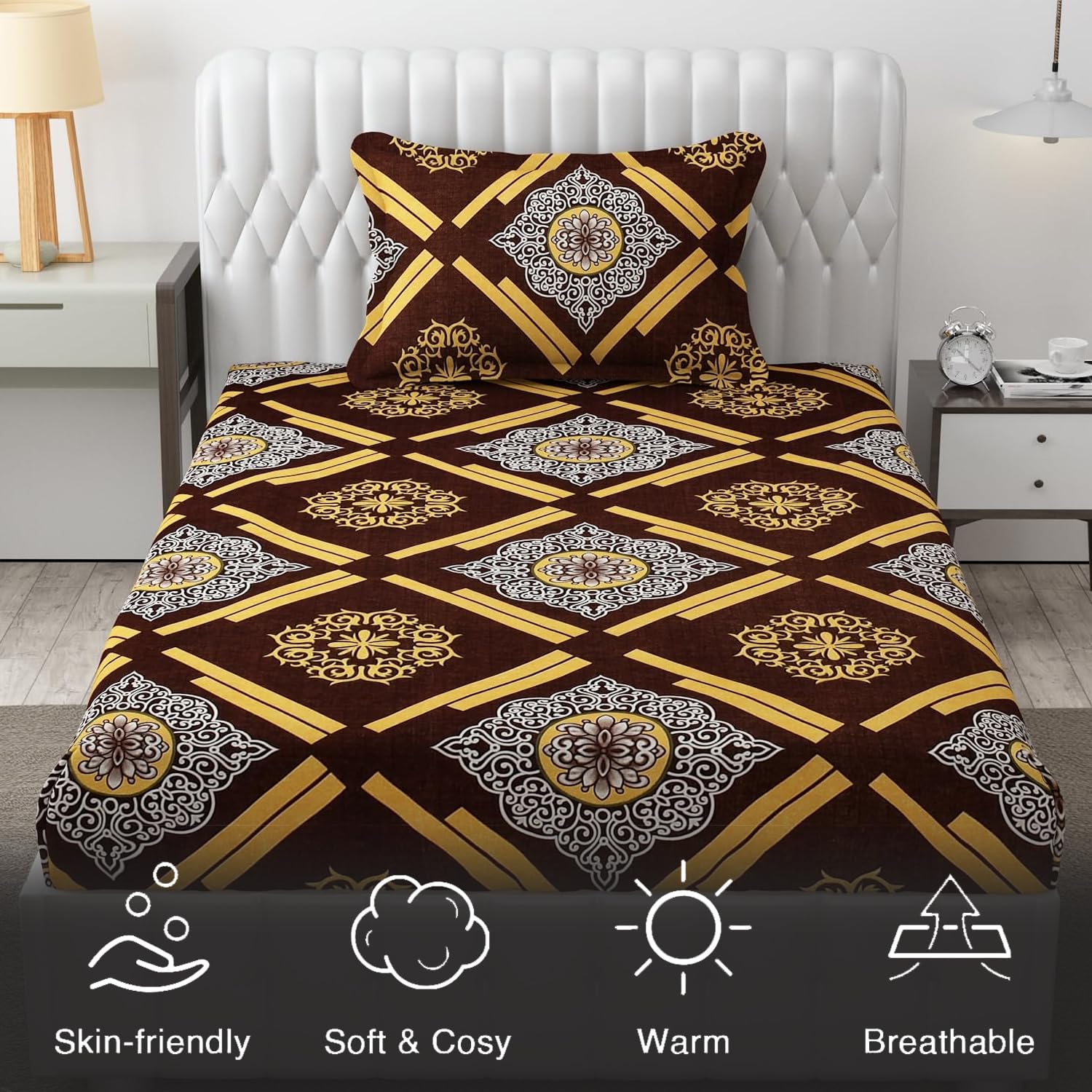 Microfiber Single Bedsheet Set With 1 Pillow Covers (60 X 90 Inches) Dark Brown | Durable & Long-Lasting | 144 Thread Count | Wrinkle Free