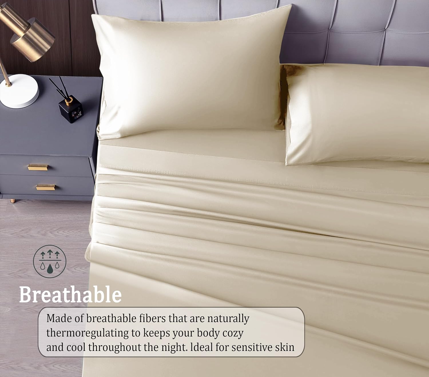Satin Fitted Solid Bedsheet King Size With 2 Pillow Cover - 72 X 78 X 10 Inches, Beige | Lightweight & Breathable, Perfect For All Seasons