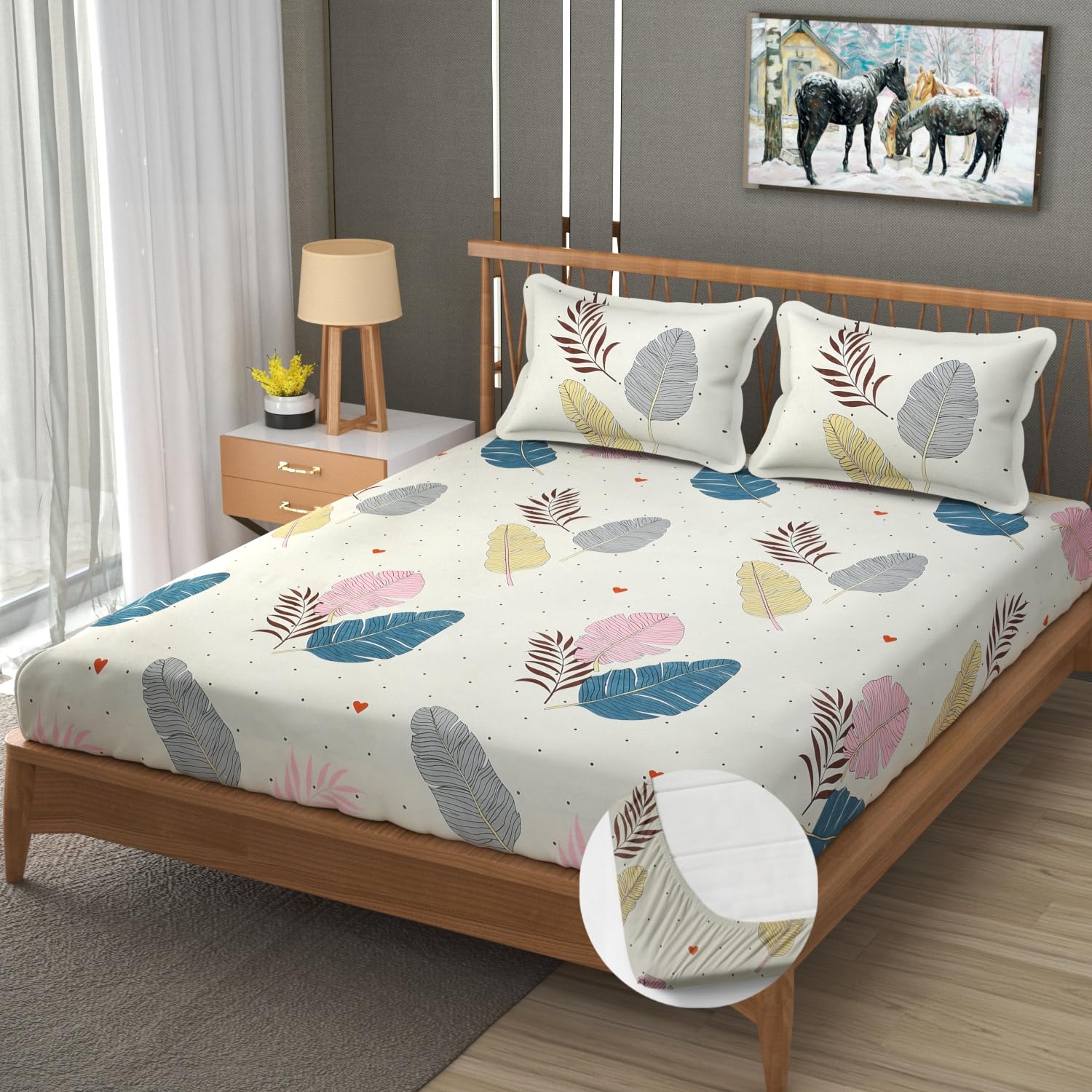 Premium Heavy Cotton Elastic Fitted King Size Bedsheet With 2 Pillow Covers - 72 X 78 X 10 Inches, Cream | All Weather Comfort & Bedroom - Softness & Natural Breathability