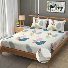 Premium Heavy Cotton Elastic Fitted King Size Bedsheet With 2 Pillow Covers - 72 X 78 X 10 Inches, Cream | All Weather Comfort & Bedroom - Softness & Natural Breathability