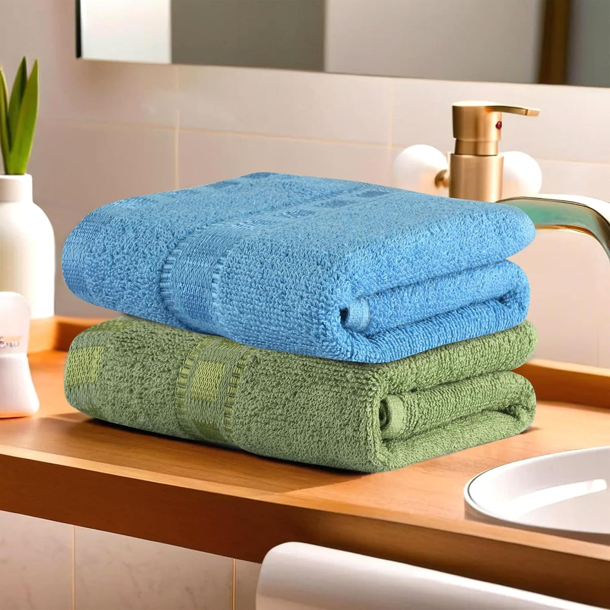 Heart Home Cotton Hand & Face Towels 400 Gsm | For Men & Women Easily Washable Workout Gym Towel - Green & Sky Blue (Pack Of 2)