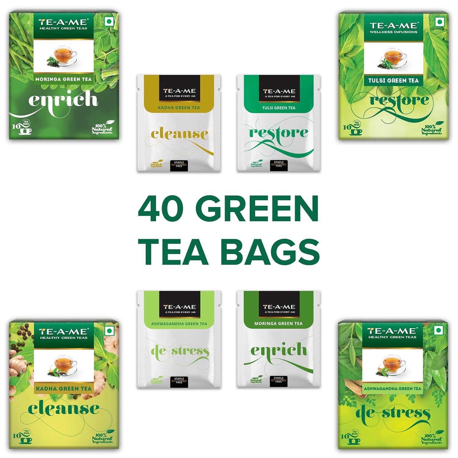 TE-A-ME Green Tea Suraksha Pack - 3 Boxes X 40 Tea Bags | Moringa+ Ashwagandha+ Kadha+ Tulsi Green Tea - Detox Green Tea & Slimming