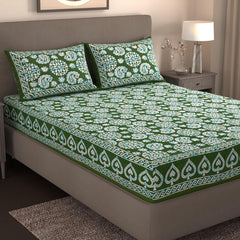 Handloom Printed Double Bedsheet For Queen Size With 2 Matching Pillow Cover | Size 90 X 100 Inches, Dark Green - Cotton Bedsheets For Double Bed | Soft & Smooth