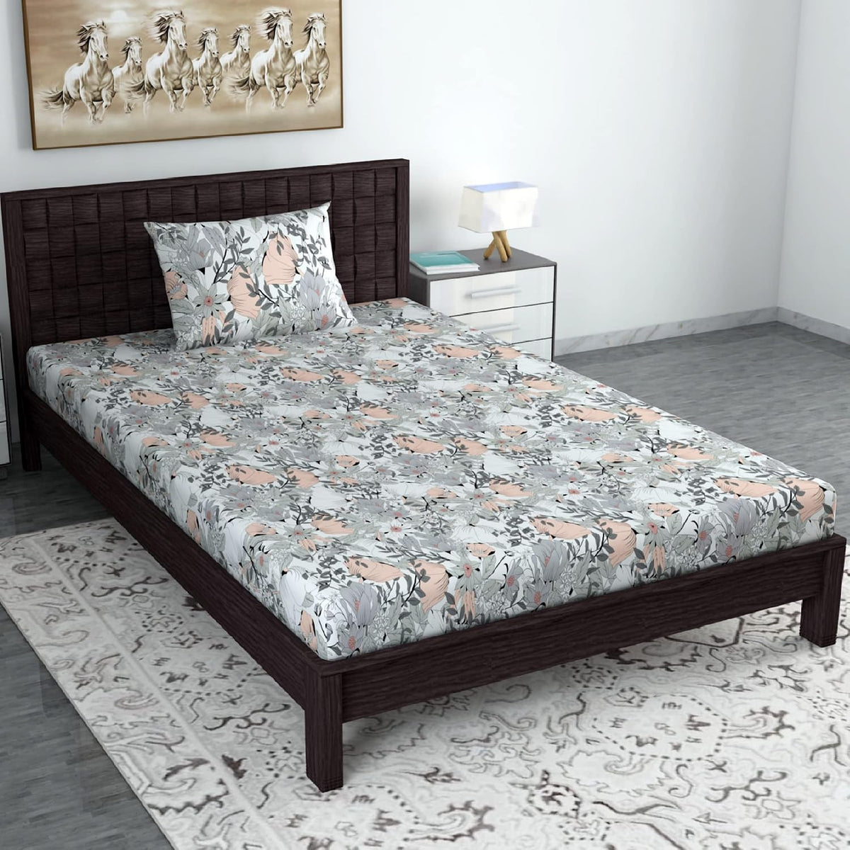 Single Bedsheet With 1 Pillow Cover - 57 X 87 Inches, Grey & Peach | Designer Printed Bedsheet Set - Naturally Soft, Breathable & Skin Friendly