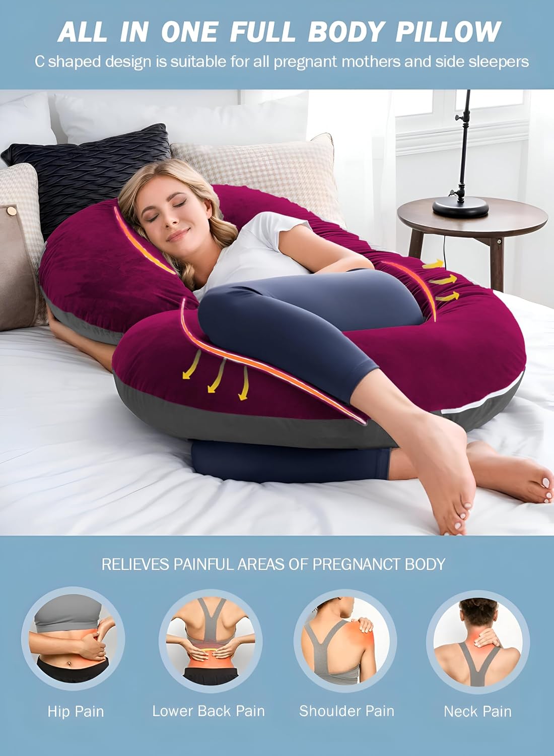 C Shaped Pillow, Pregnancy Pillow For Maternity & Baby Nursing - Wine & Grey | Pregnant Women Stomach, Spine, Neck Support, Velvet Outer Cover With Zip, Full Body Pillow, Adjustable Pillow