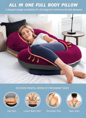 C Shaped Pillow, Pregnancy Pillow For Maternity & Baby Nursing - Wine & Grey | Pregnant Women Stomach, Spine, Neck Support, Velvet Outer Cover With Zip, Full Body Pillow, Adjustable Pillow