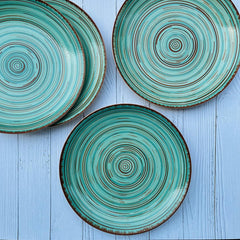 Iris Turquoise Handcrafted Ceramic Dinner Set - 10 Pieces | 4 Dinner Plates + 4 Katori Bowls, 180ml Each+ 2 Serving Bowls, 800ml Each Dinnerware Set | Serving For 4, Microwave Safe & Dishwasher Safe