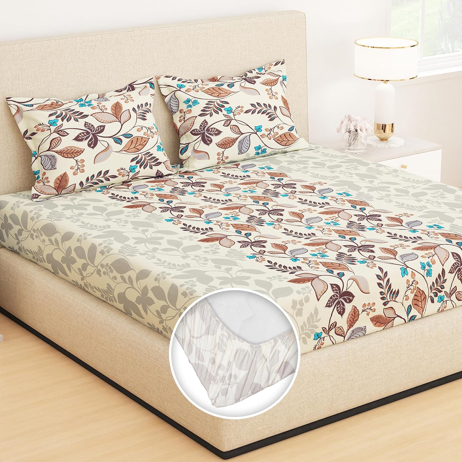 Fitted Bedsheets King Size With 2 Pillow Cover - 72 X 78 Inches, Beige | All Around Elastic Bedsheet - Crafted From Soft, Breathable Fabric