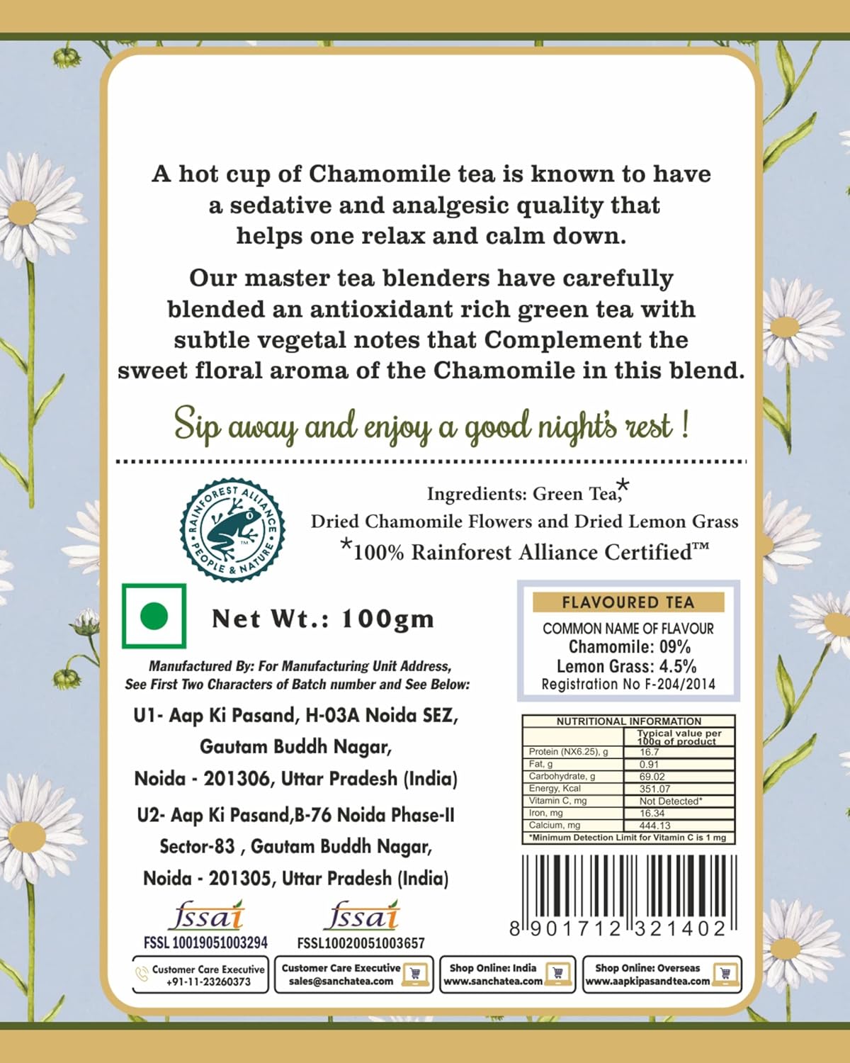 San-Cha Chamomile Green Tea - 100gm, 3.5 Ounce | Calming & Relaxing Detox Tea - Environment Friendly & Made In Corn Fiber | Low Caffeine
