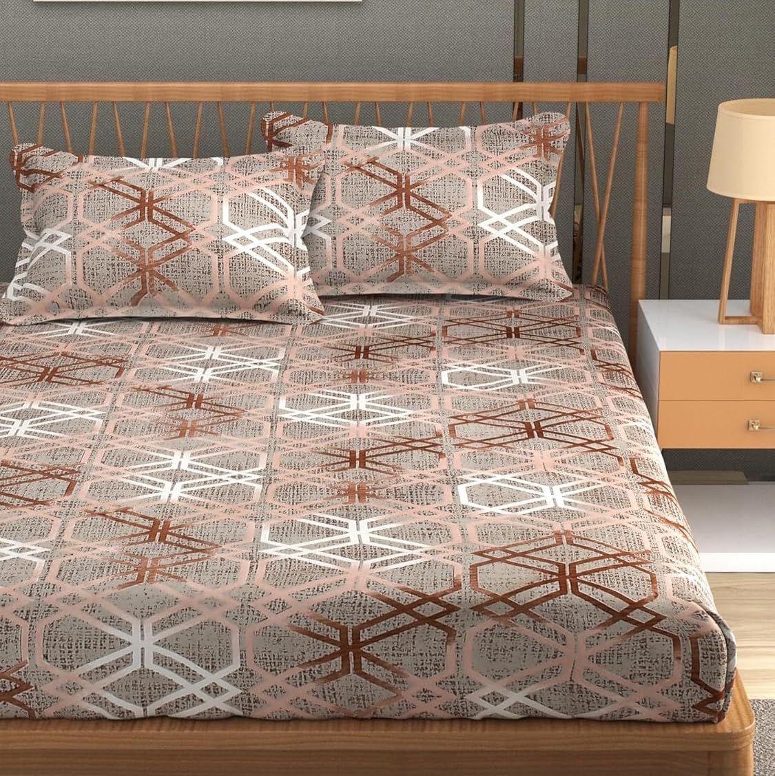 Premium Heavy Cotton Elastic Fitted King Size Bedsheet With 2 Pillow Covers - 72 X 78 X 10 Inches, Brown | All Weather Comfort & Bedroom