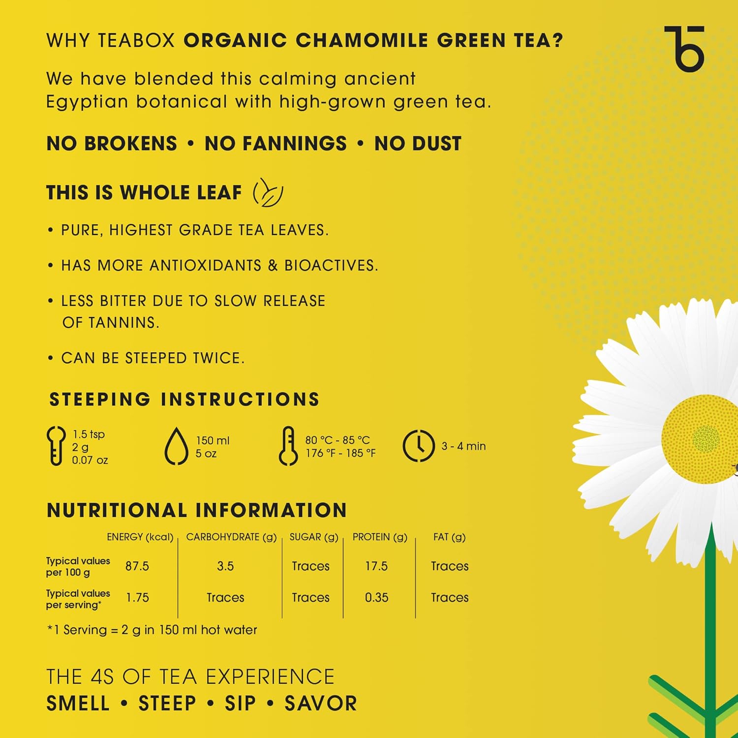 Teabox Premium Chamomile Green Tea - 100gm, 3.5 Ounce | 100% Whole Leaf Green Tea From The Himalayas - Low Caffeine, 0% Bitterness